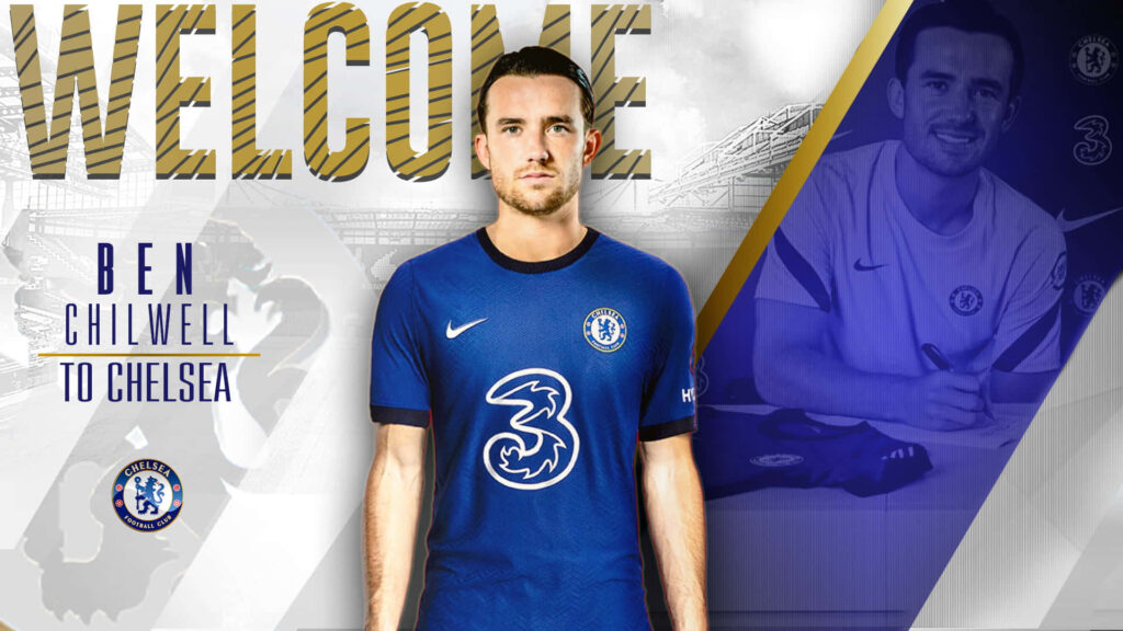 Ben Chilwell Chelsea FC wallpaper celebrating his official club welcome with bold team colors