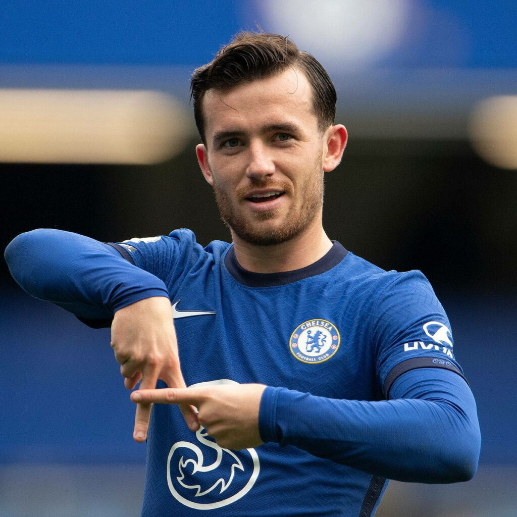 Ben Chilwell in Chelsea jersey making hand sign looking at camera on football field wallpaper