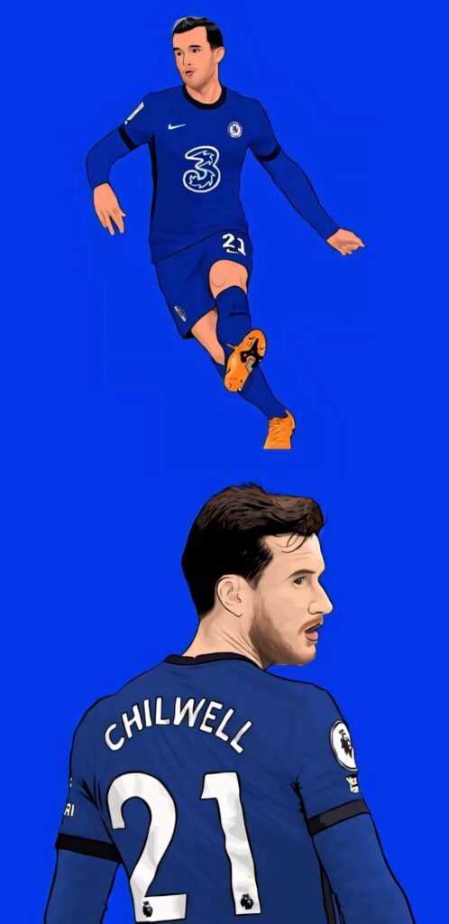 Ben Chilwell Chelsea kit 2D illustrations action pose and back view with number 21 wallpaper