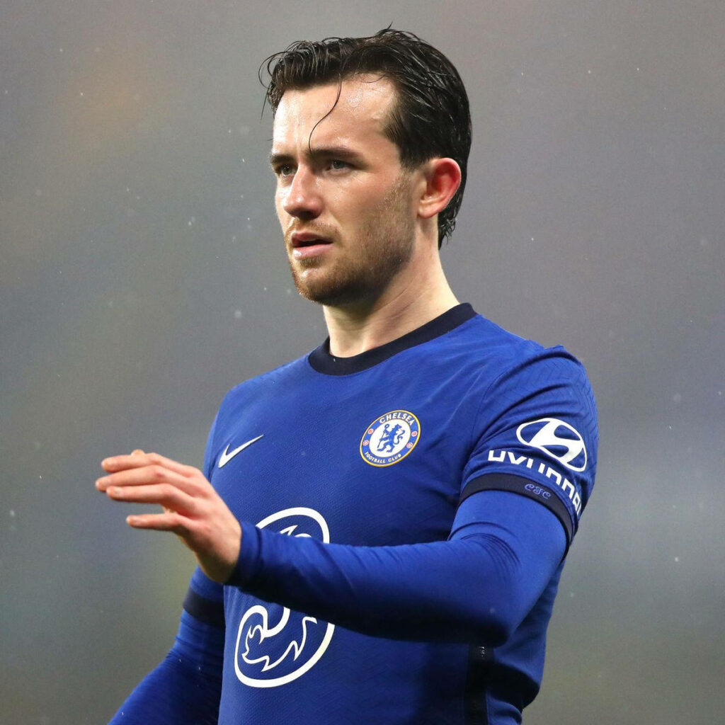 Ben Chilwell in Chelsea kit standing focused against gray background soccer player wallpaper