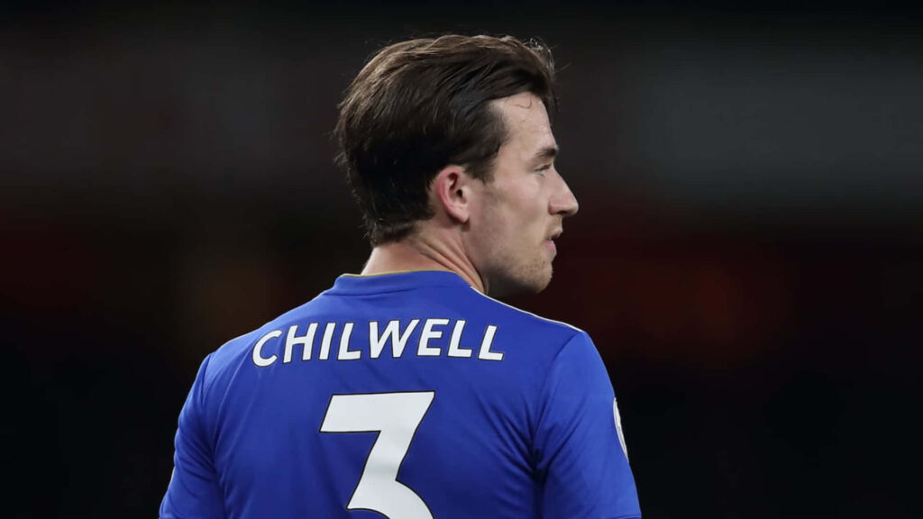 Ben Chilwell blue football jersey number 3 captured from behind in dynamic wallpaper background