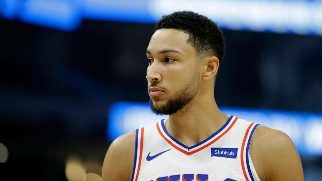 Ben Simmons close-up basketball portrait focused expression NBA uniform wallpaper background