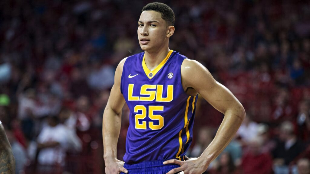 Ben Simmons in LSU basketball uniform confident on court during rookie college season wallpaper