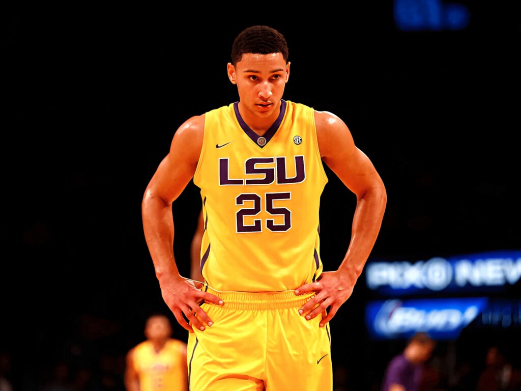 Ben Simmons in LSU yellow jersey number 25 poised on basketball court ready for action wallpaper