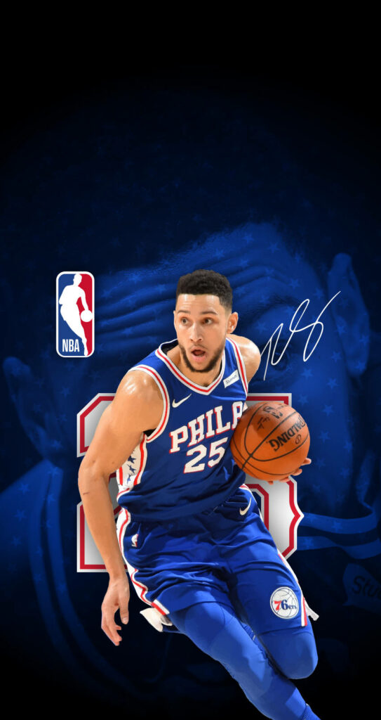 Ben Simmons Philadelphia 76ers dynamic NBA wallpaper action shot with bold team graphics background