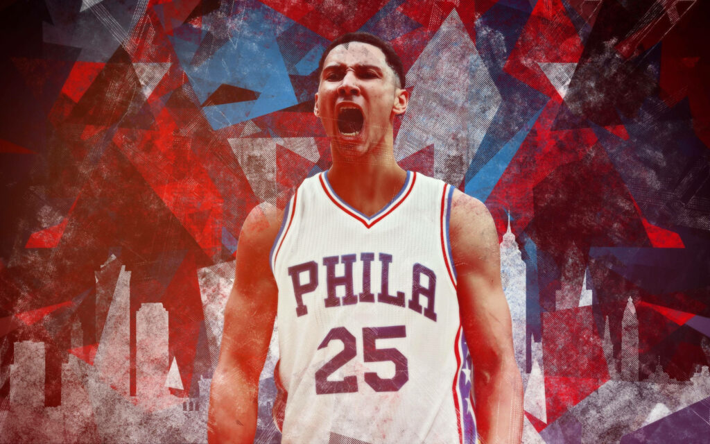 Ben Simmons Philadelphia 76ers roaring intense basketball action abstract colorful wallpaper background