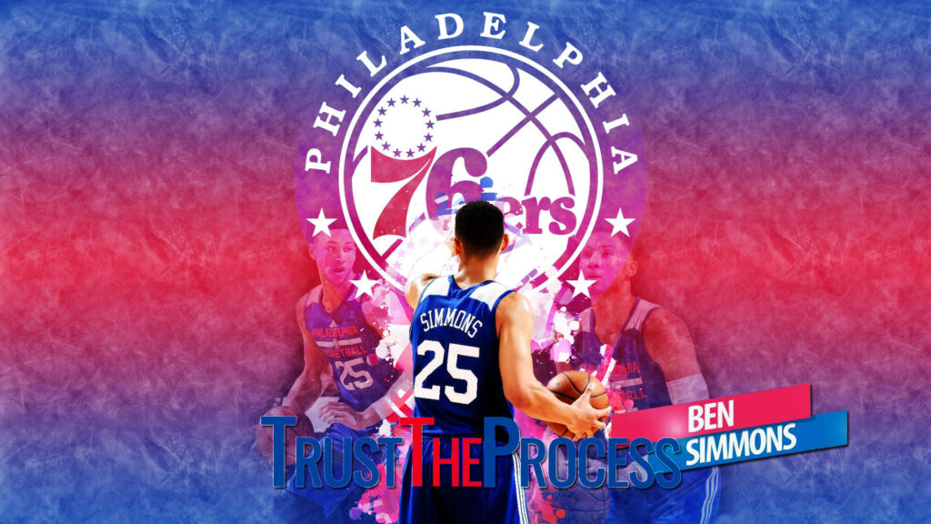 Ben Simmons in Philadelphia 76ers jersey Trust The Process wallpaper with vibrant team logo background