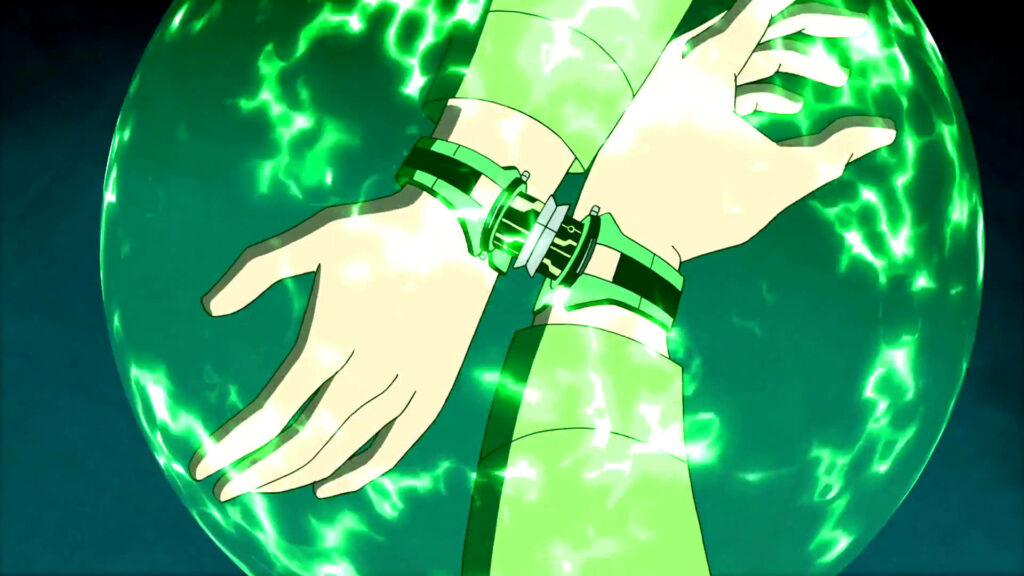 Ben Tennyson activates Omnitrix glowing with green energy in powerful Ben 10 wallpaper moment