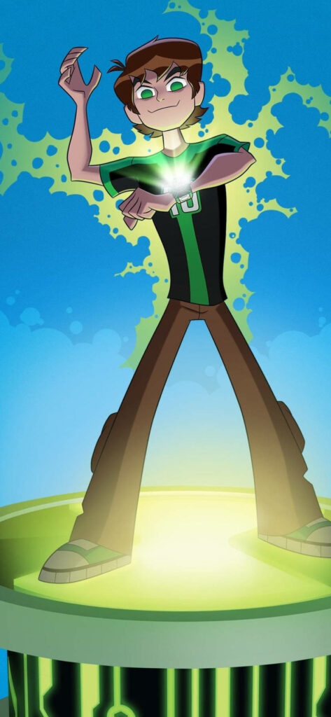 Ben Tennyson activating Omnitrix on glowing green stage with swirling energy dynamic wallpaper