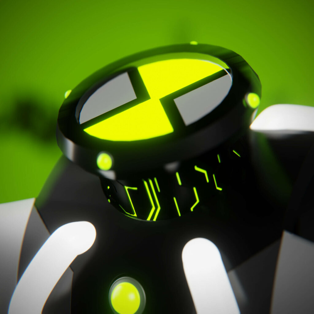 Close-up of Ben Tennyson Omnitrix glowing green futuristic design Ben 10 wallpaper background