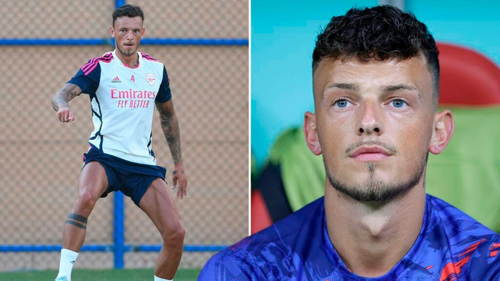 Ben White Arsenal training session action and focused close-up portrait football athlete wallpaper