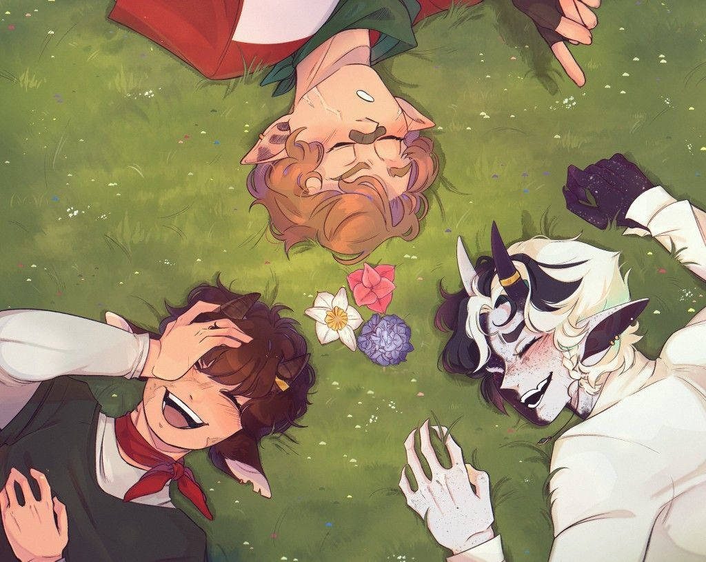 Bench Trio Dream SMP TommyInnit Tubbo Ranboo anime wallpaper friends laughing meadow