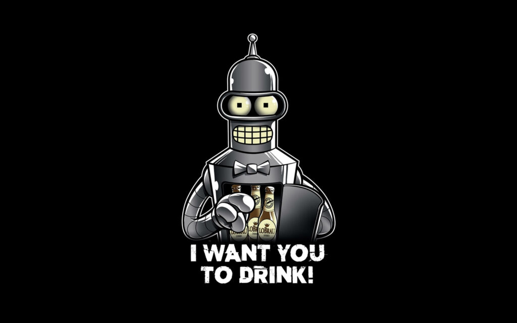 Futurama Bender Wallpaper: Humorous Beer Theme on Dark Background