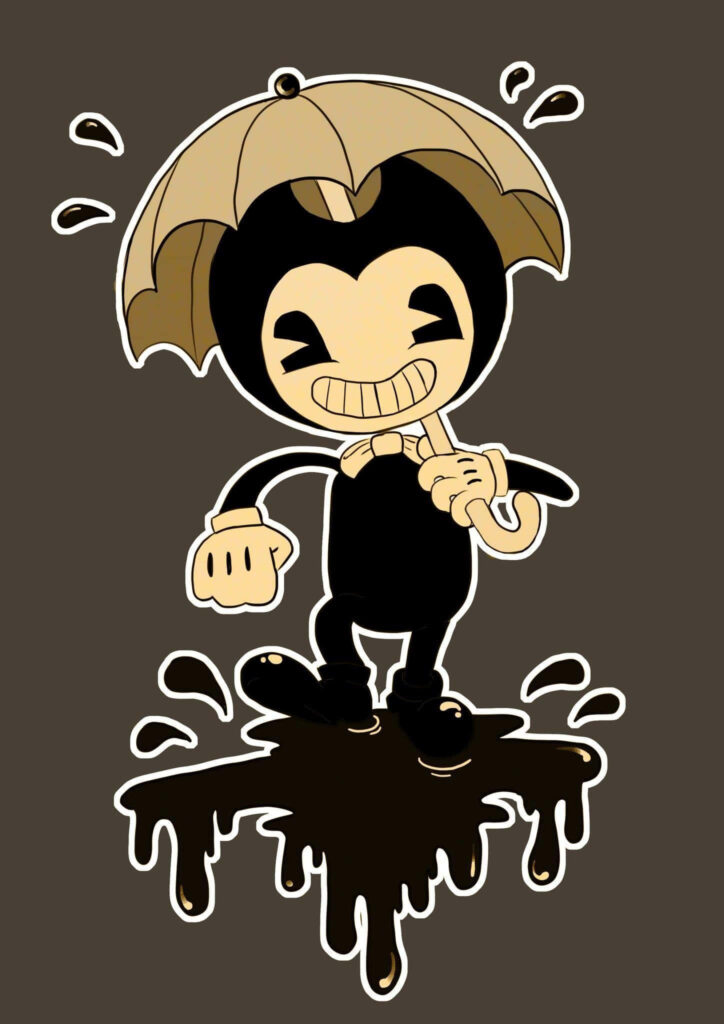 Bendy from Bendy and the Ink Machine holding umbrella on ink puddle vintage cartoon wallpaper