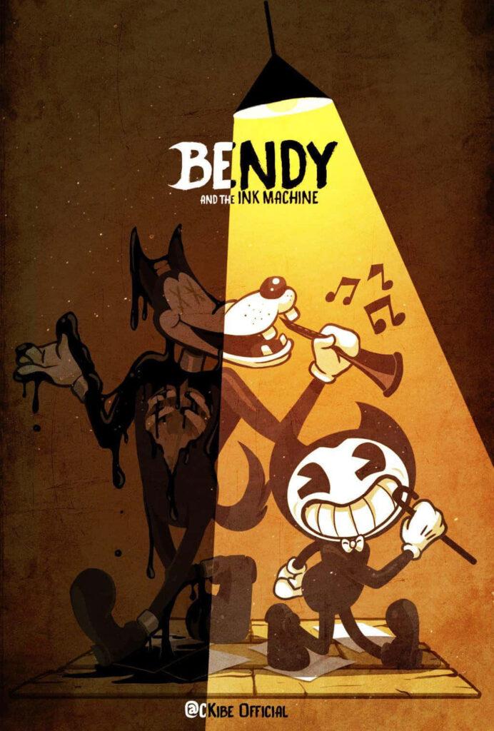 Bendy playing clarinet under spotlight with dark ink alter ego in eerie Bendy and the Ink Machine wallpaper