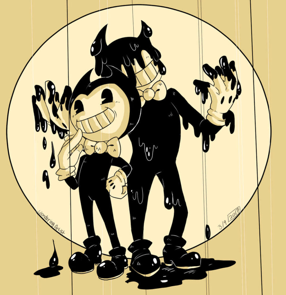 Bendy and the Ink Machine wallpaper with two mischievous Bendy characters dripping black ink on sepia background