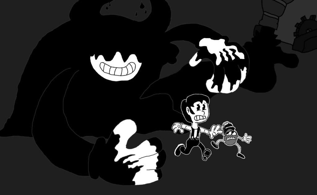 Bendy and the Ink Machine ink monster chasing classic black and white cartoon characters wallpaper