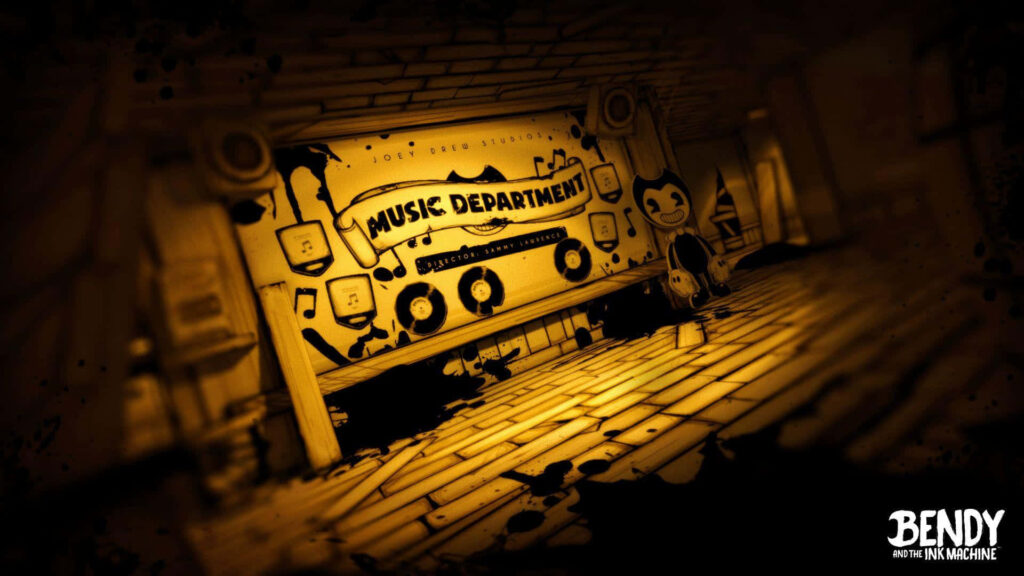 Bendy and the Ink Machine eerie Music Department wallpaper with vintage cartoon style and ink splatters
