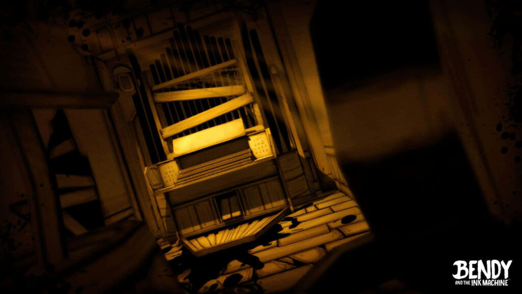 Sepia toned hallway with boarded organ Bendy and the Ink Machine eerie haunted wallpaper background