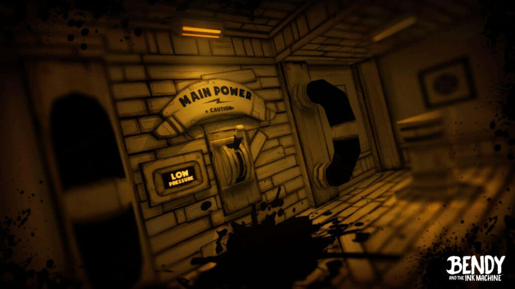 Bendy and the Ink Machine sepia toned main power room wallpaper dark cartoon style background