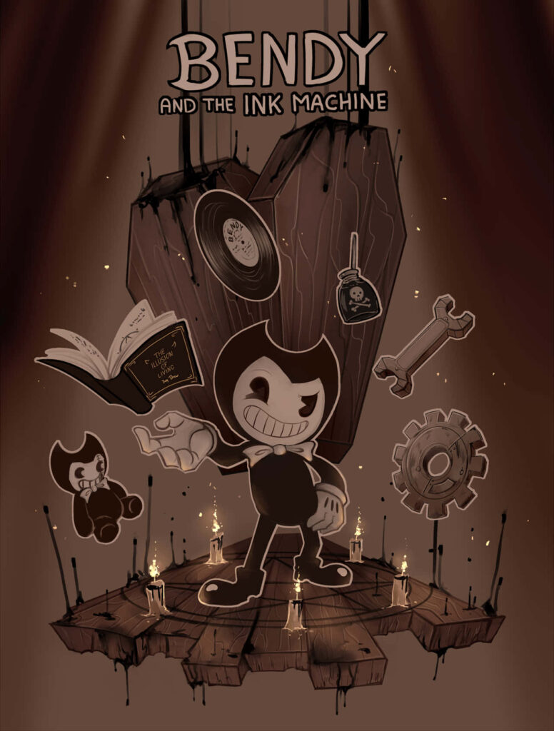 Bendy and the Ink Machine wallpaper with Bendy on wooden platform vintage objects sepia spooky background
