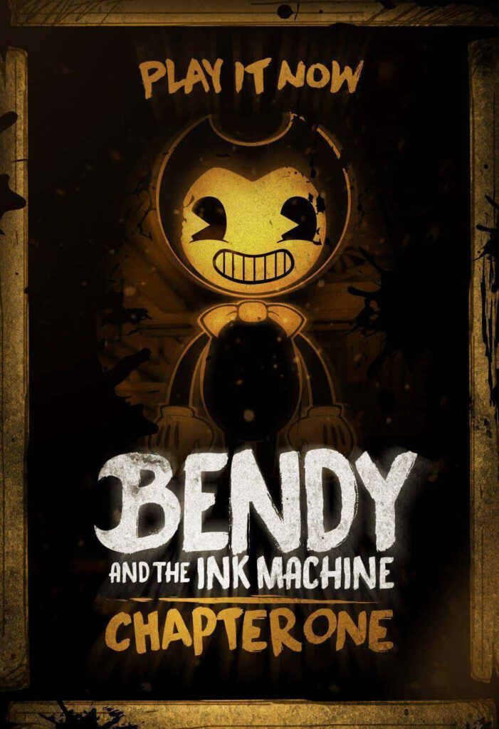 Bendy character in vintage cartoon style with ink stains and bold Chapter One game text wallpaper