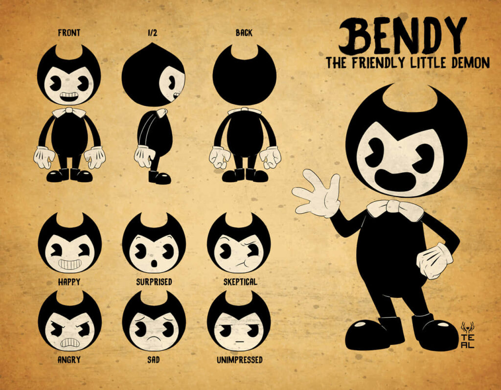 Bendy from Bendy and the Ink Machine in expressive poses on vintage sepia toned wallpaper background