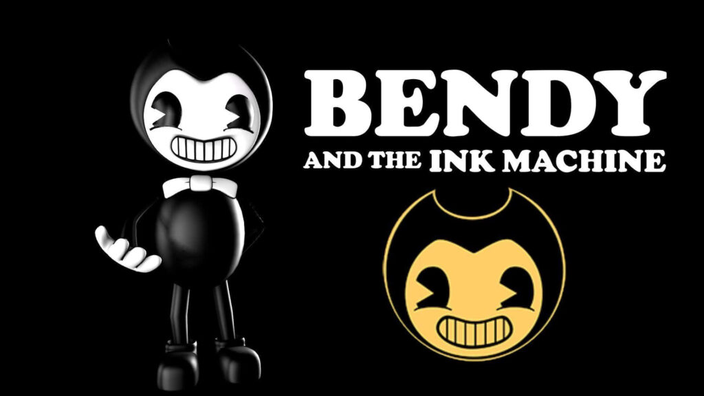 Bendy from Bendy and the Ink Machine with mischievous grin and game logo on dark wallpaper background