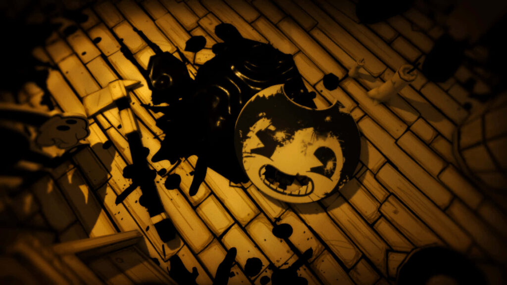 Bendy and the Ink Machine wallpaper with grinning Bendy face and spilled black ink on wooden floor