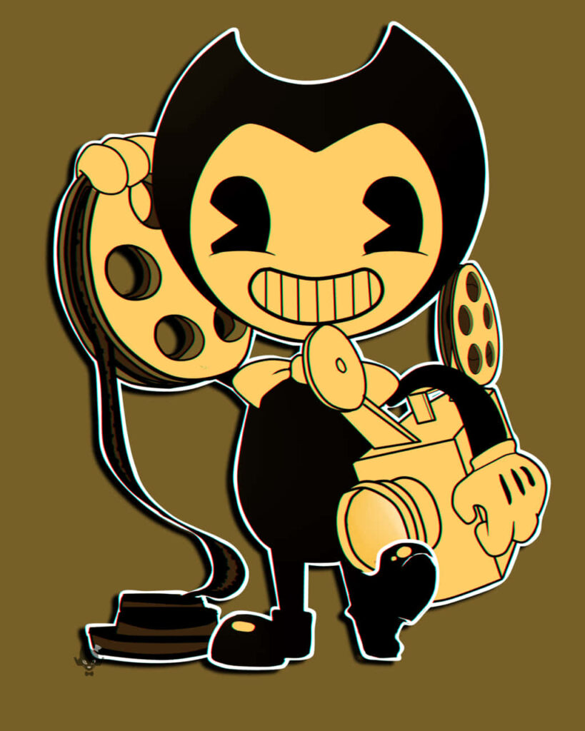 Bendy from Bendy and the Ink Machine grinning with vintage film projector cartoon wallpaper background