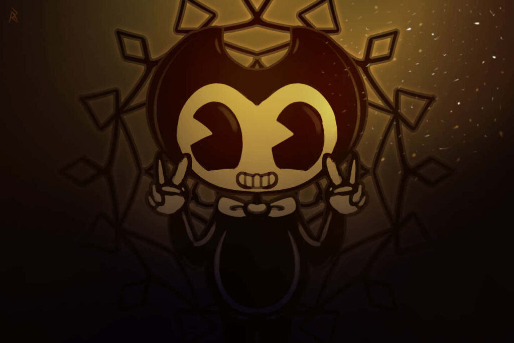 Bendy from Bendy and the Ink Machine with glowing geometric background flashing peace signs Wallpaper