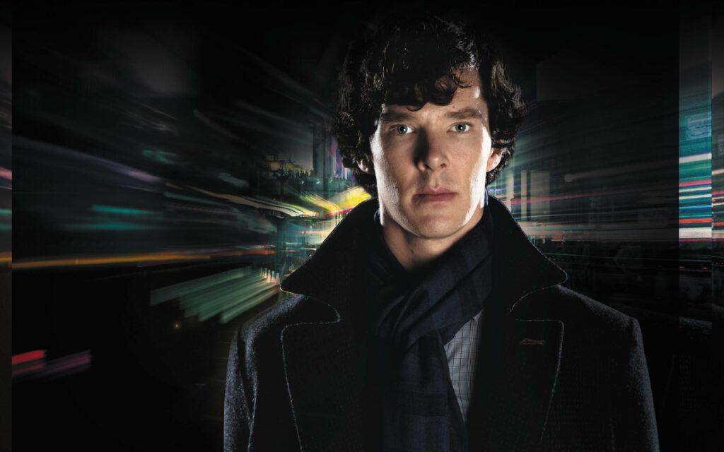 Benedict Cumberbatch in dark coat with scarf vibrant energy streaks blurred city lights wallpaper