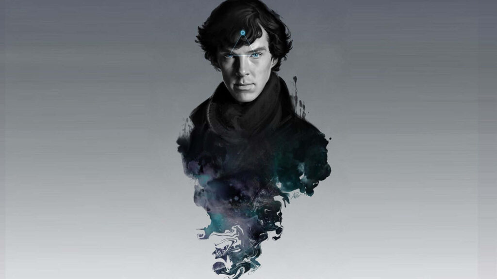 Digital artwork of Benedict Cumberbatch as Sherlock Holmes with smoky abstract background wallpaper
