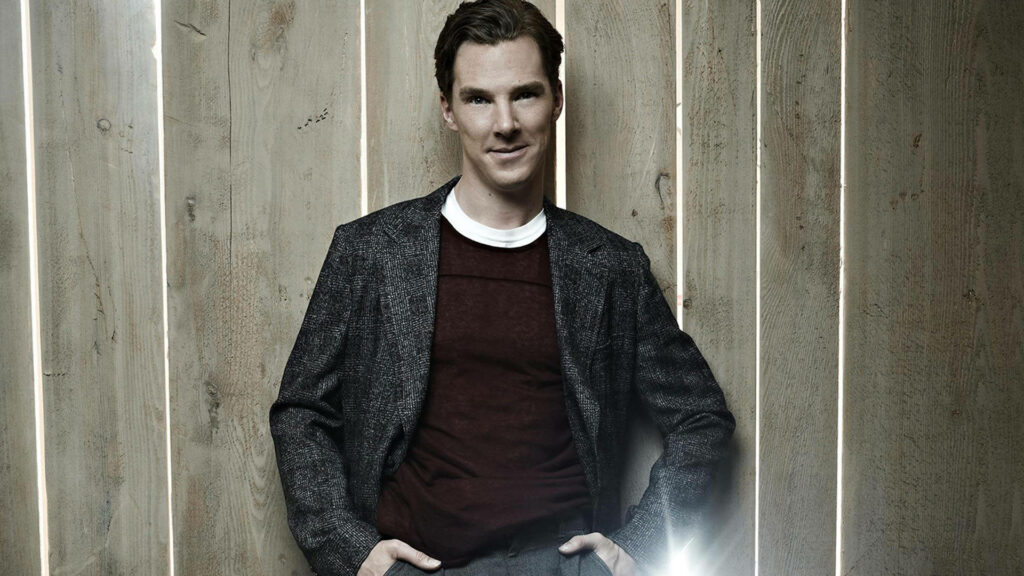 Benedict Cumberbatch in stylish blazer casual outfit striking portrait wooden plank background Wallpaper