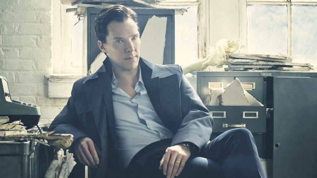 Benedict Cumberbatch as vintage inspector in suit posing thoughtfully in dramatic office wallpaper