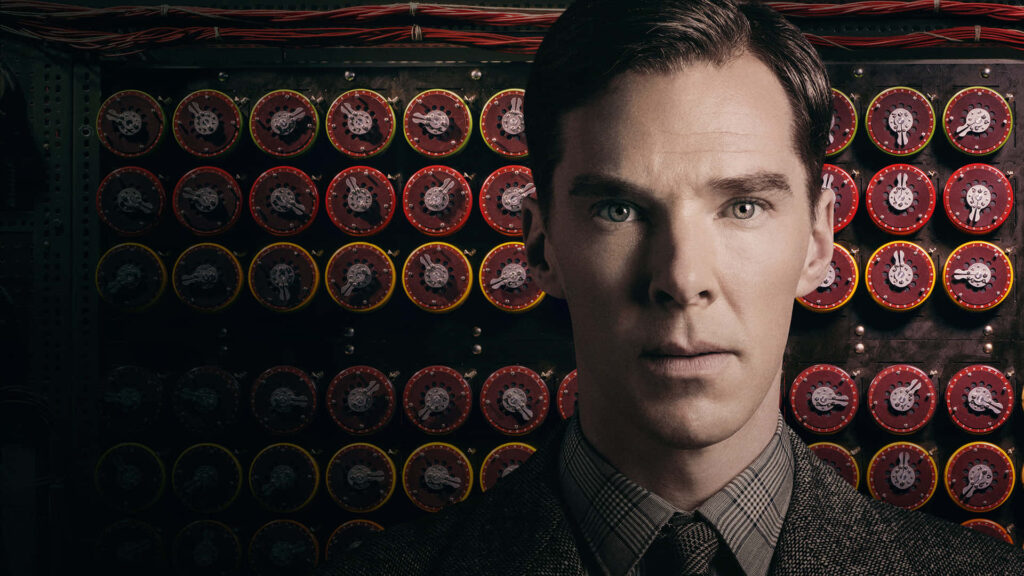 Benedict Cumberbatch as Alan Turing with Bombe machine codebreaking scene wallpaper background