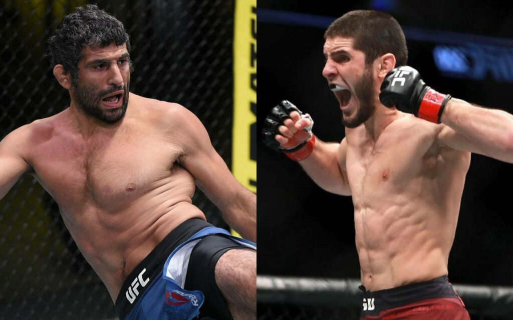 Beneil Dariush and Islam Makhachev MMA action in UFC octagon wallpaper background intense energy