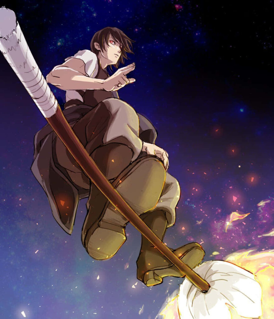 Benimaru Shinmon from Fire Force wielding fiery weapon in dynamic pose with starry wallpaper background