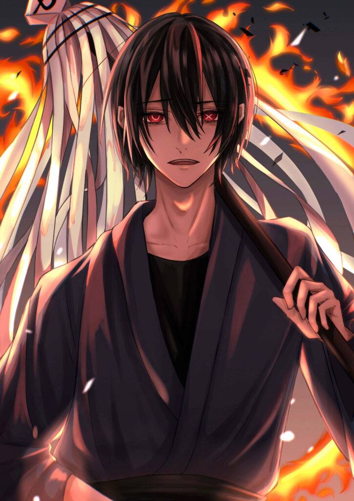 Benimaru Shinmon from Fire Force wielding weapon amid intense blazing flames dynamic wallpaper
