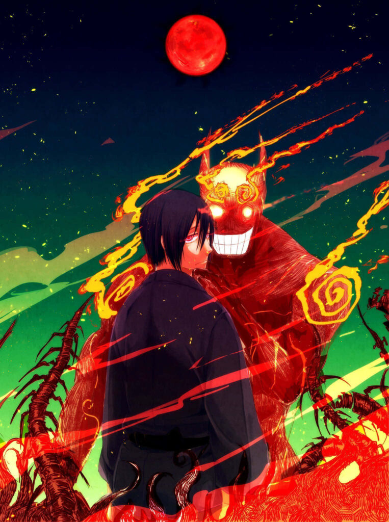 Benimaru Shinmon commanding swirling flames with red moon in dramatic Fire Force wallpaper