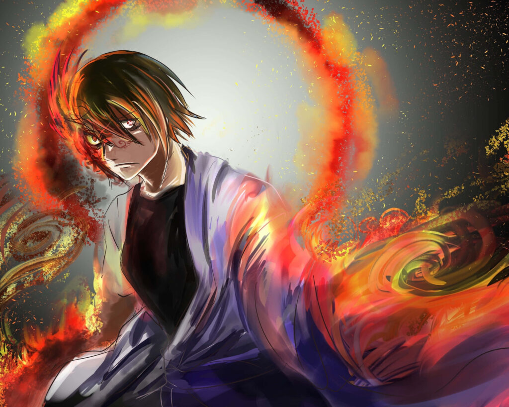 Benimaru Shinmon Fire Force dynamic pose with vivid flames and embers wallpaper background