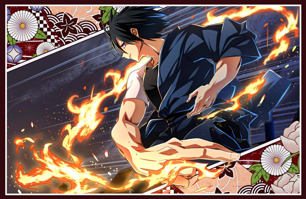 Benimaru Shinmon Fire Force unleashing flames vibrant fire background traditional Japanese patterns Wallpaper