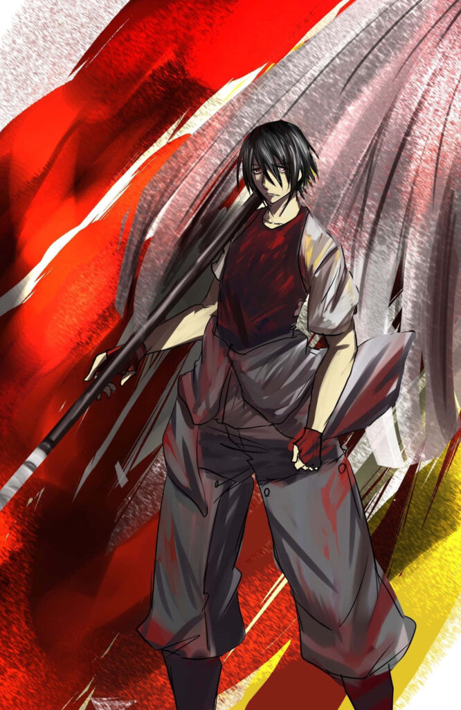Benimaru Shinmon from Fire Force wielding weapon with red and yellow flames background wallpaper