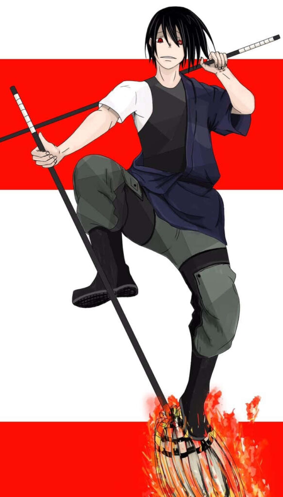 Benimaru Shinmon from Fire Force in dynamic fiery pose with iconic weapons and flames background Wallpaper