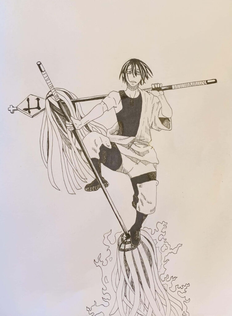 Benimaru Shinmon Fire Force standing with weapon amid swirling flames fiery wallpaper background