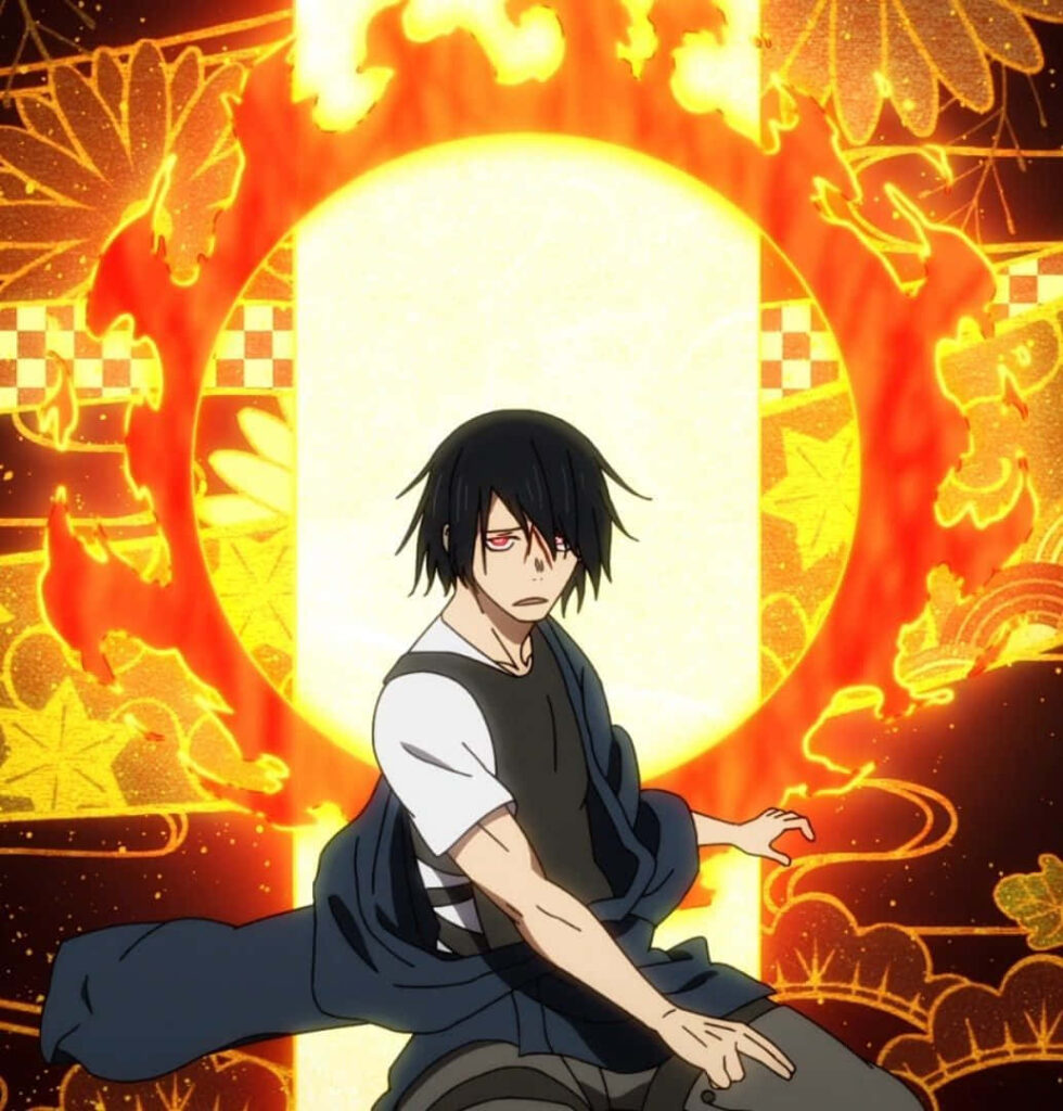 Benimaru Shinmon from Fire Force with flames and glowing sun showcasing fiery power wallpaper