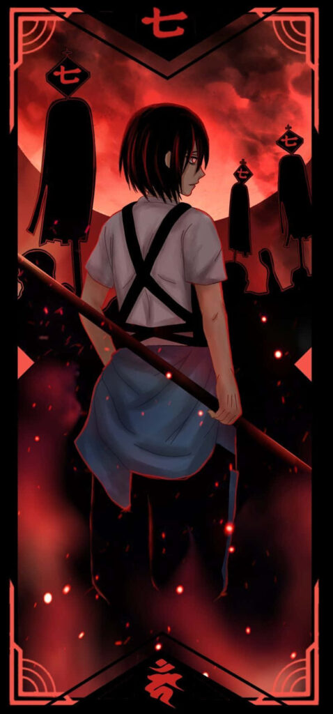Benimaru Shinmon Fire Force stands with weapon fiery red sky glowing embers wallpaper background