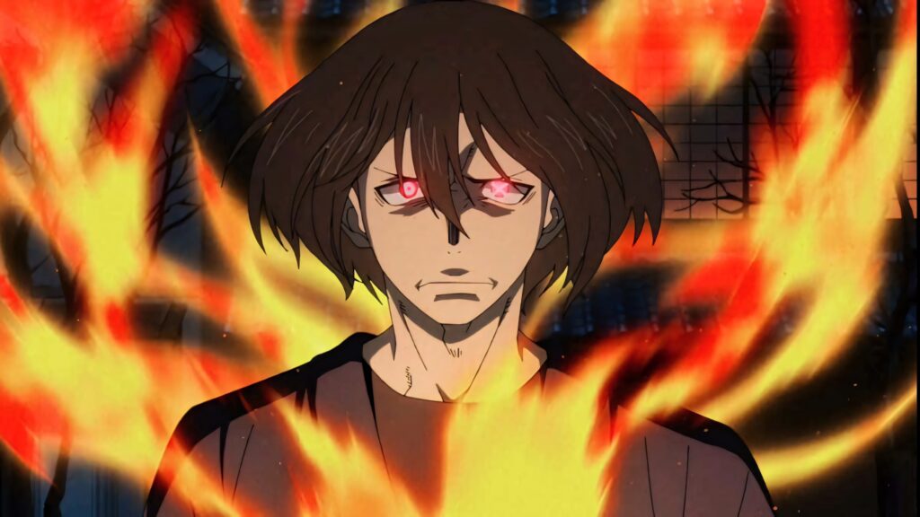 Benimaru Shinmon from Fire Force with intense swirling flames and glowing eyes dynamic wallpaper