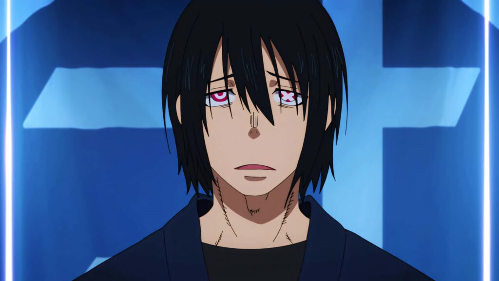 Benimaru Shinmon Fire Force intense stare red eyes dark hair blue background wallpaper