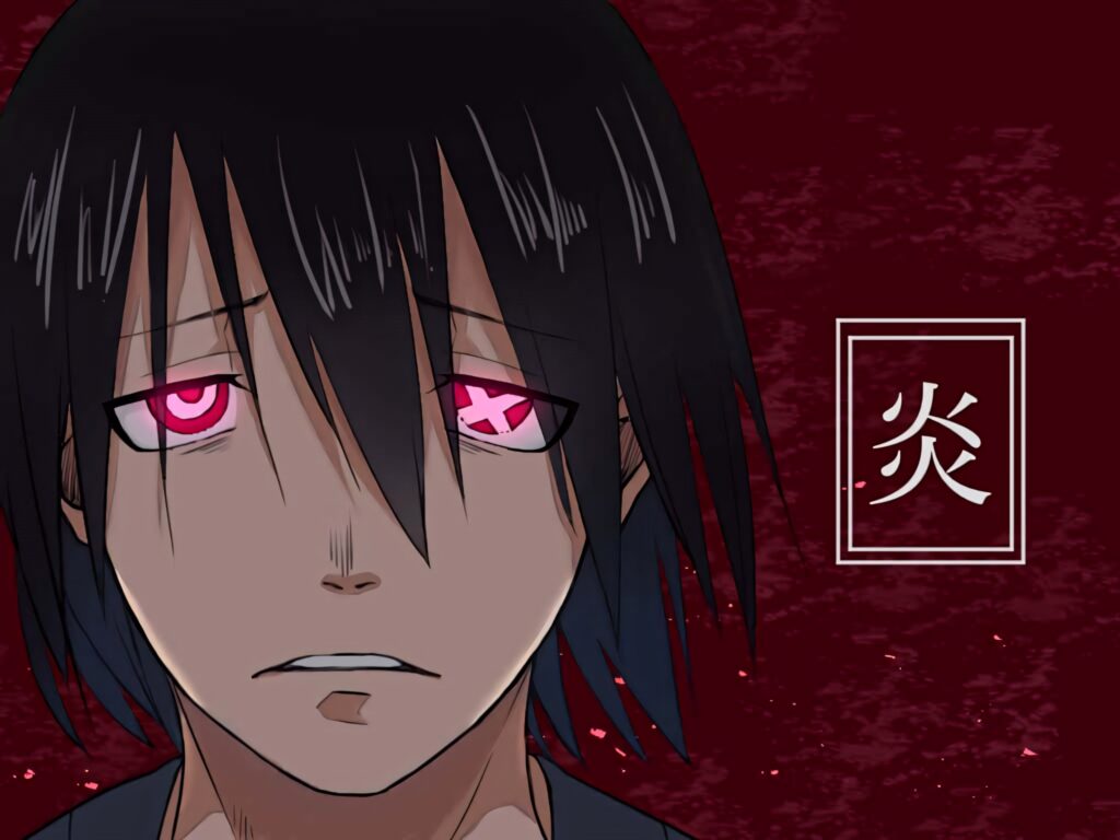 Benimaru Shinmon close-up with intense red eyes dark red background kanji Fire Force wallpaper